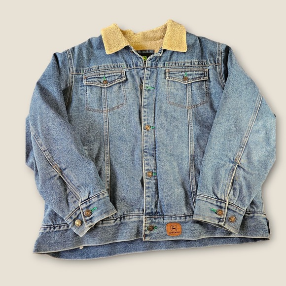 John Deere Other - Vintage John Deere Denim Jacket Sherpa Collar Mens L Button Front Trucker